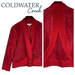 Coldwater Creek Large 12 14 Jacket Sweater 100% LEATHER Red Cable Knit Stunning